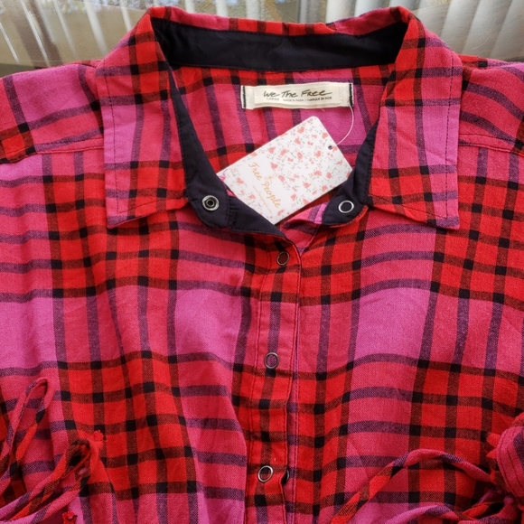 WOMENS FREE PEOPLE RED COMBO BLOUSE RED/PINK SIZE L - Picture 2 of 10